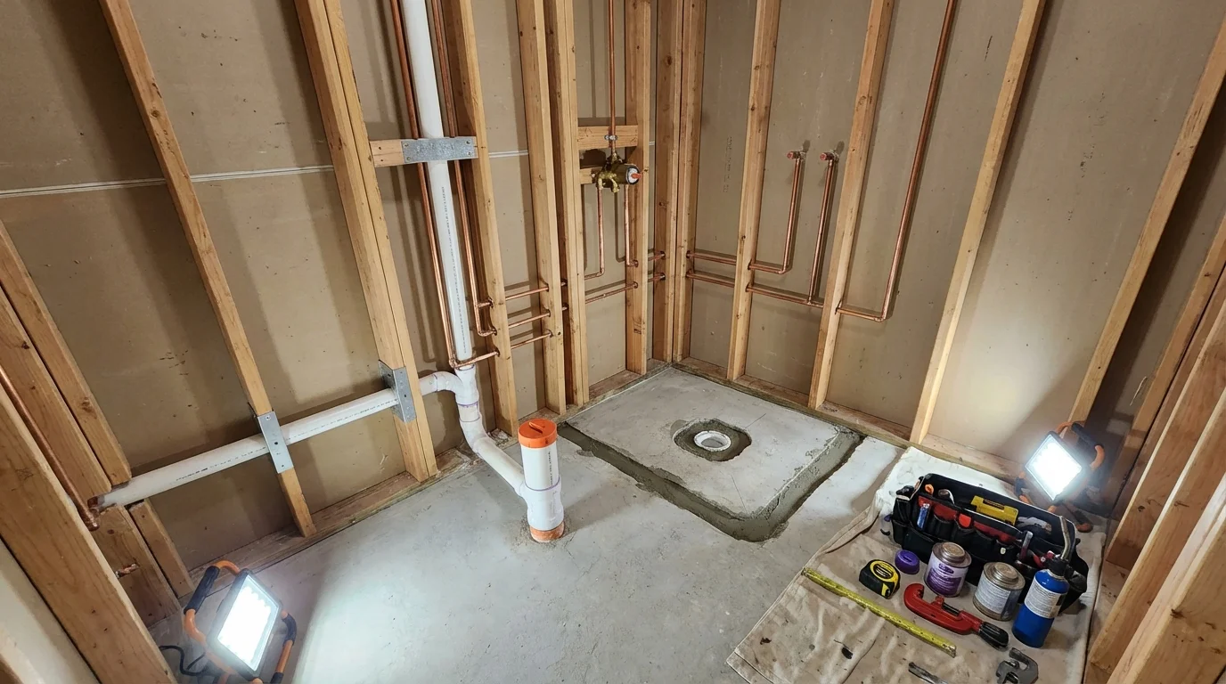 Bathroom rough-in plumbing during remodel by Johns Plumbing LLC in Sherman