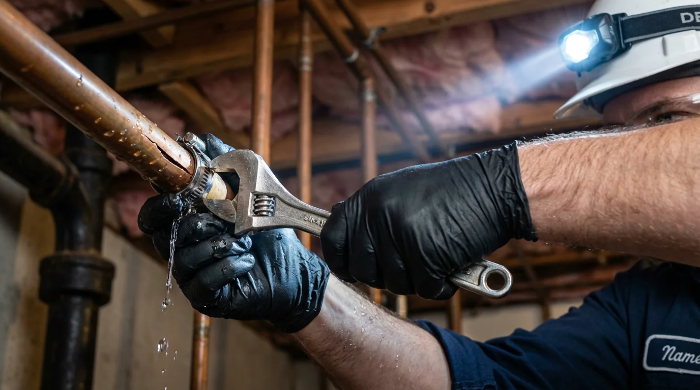 Emergency pipe clamp repair being performed by a Johns Plumbing LLC plumber in Sherman