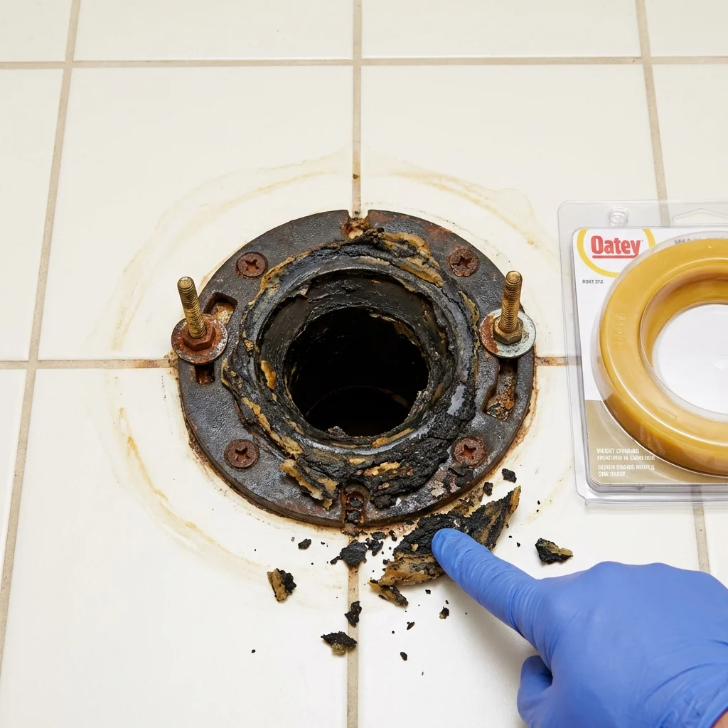 Failed wax ring showing water seepage at the base of a toilet in a Sherman, IL home