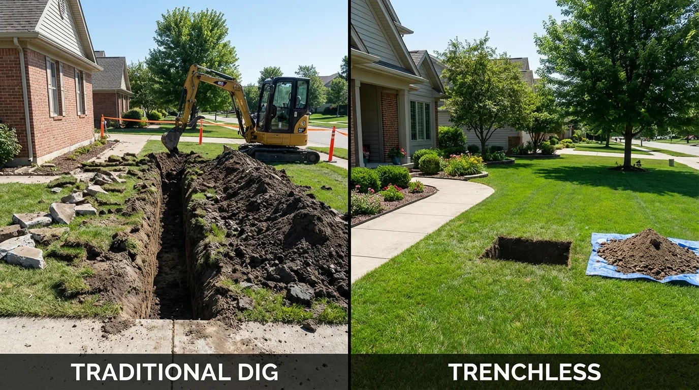 Trenchless sewer repair with minimal yard damage versus traditional excavation in Sherman, IL