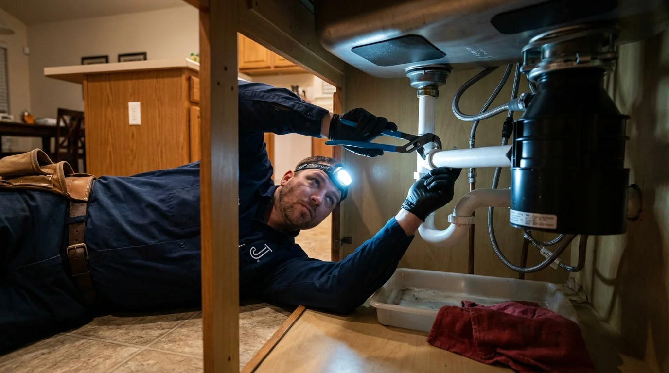 P-trap and supply line connections under a kitchen sink showing a common leak point in Sherman, IL
